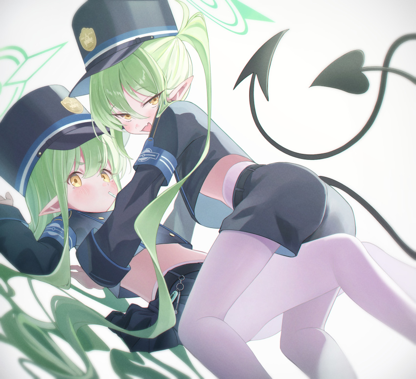 2girls black_hat black_jacket black_shorts black_skirt black_tail blue_archive blush closed_mouth demon_tail fang green_hair green_halo halo hat higashigure highlander_sidelocks_conductor_(blue_archive) highlander_twintails_conductor_(blue_archive) highres jacket long_hair long_sleeves multiple_girls open_mouth pantyhose peaked_cap pleated_skirt shorts sidelocks simple_background skin_fang skirt smile tail twintails white_background white_pantyhose yellow_eyes