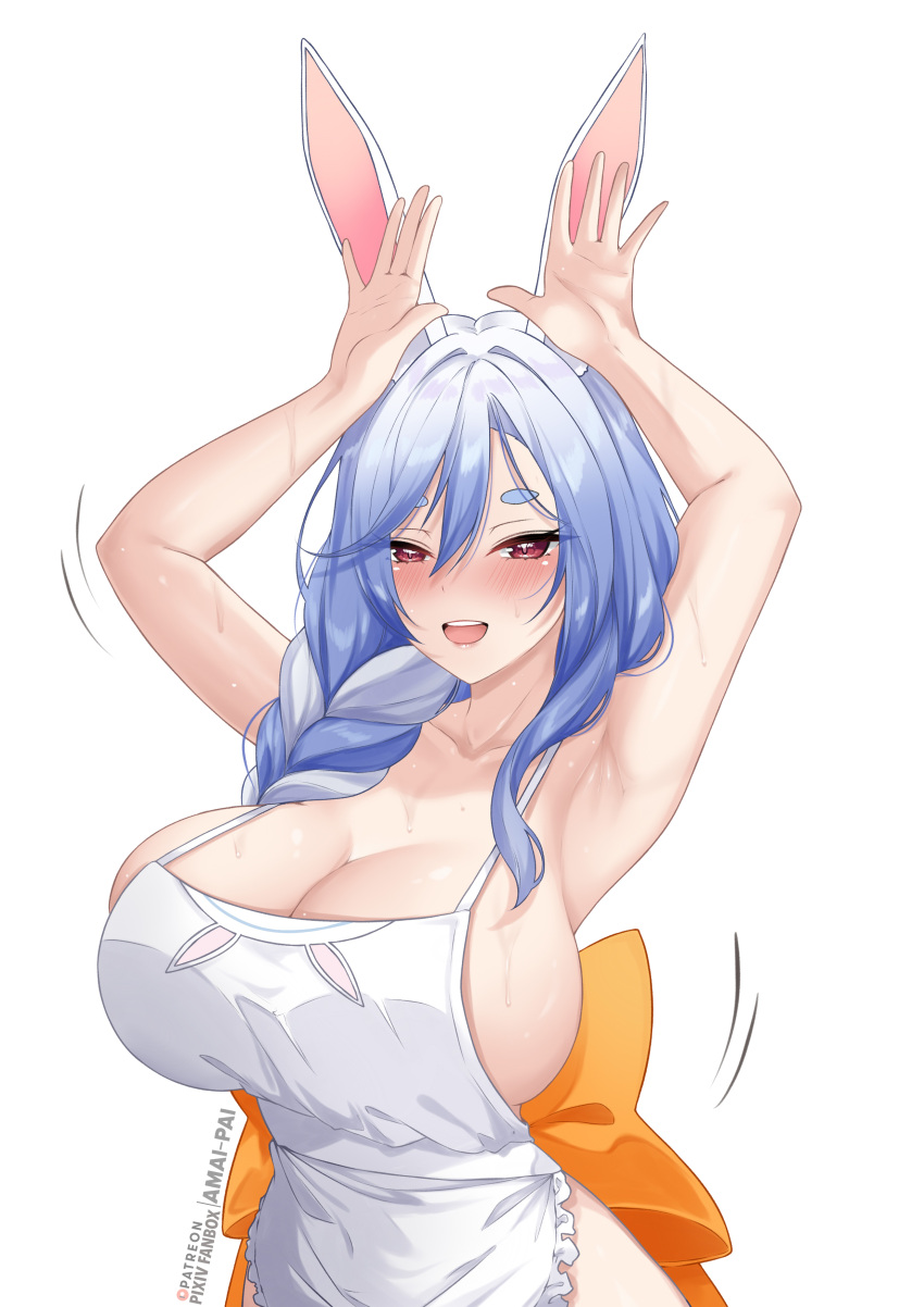 1girl absurdres amai-pai animal_ears apron armpits arms_up blue_hair blush braid braided_ponytail breasts cleavage collarbone curvy hair_over_shoulder highres holding hololive large_breasts long_hair looking_at_viewer mature_female multicolored_hair naked_apron pekomama rabbit_ears red_eyes sidelocks smile solo streaked_hair sweat thick_eyebrows virtual_youtuber white_apron white_background white_hair