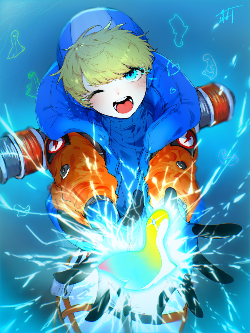 1girl animification apex_legends blonde_hair blue_background blue_bodysuit blue_eyes blue_gloves blush bodysuit electricity gloves highres hood hood_down hood_up hooded_bodysuit jacket looking_at_viewer nessie_(respawn) one_eye_closed open_mouth orange_jacket ribbed_bodysuit scar scar_on_cheek scar_on_face smile solo stuffed_toy tomitacchi wattson_(apex_legends) white_bodysuit