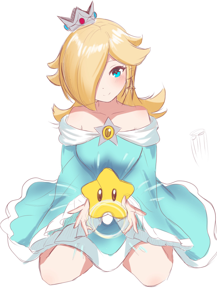 1girl absurdres bare_shoulders blonde_hair blue_dress blue_eyes brooch collarbone crown dress hair_over_one_eye highres jewelry kneeling knees light_smile long_hair looking_at_viewer mario_(series) off-shoulder_dress off_shoulder rosalina ryu160303 sitting sketch star_brooch super_mario_galaxy super_star_(mario) wariza white_background