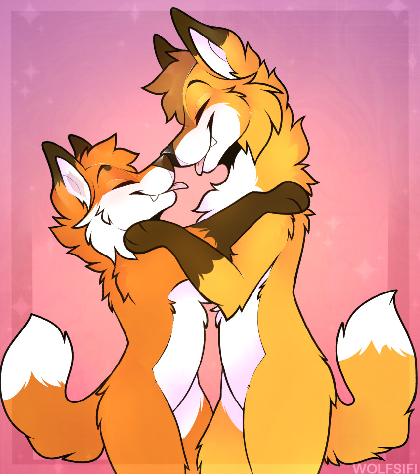 absurd_res anthro blep boop canid canine duo eyes_closed fox foxbrush_tailwag fur happy hi_res hug male male/male mammal nose_boop nose_to_nose nude orange_body orange_fur red_fox side_view simple_background skayo smile tongue tongue_out true_fox wolfsifi yellow_body yellow_fur