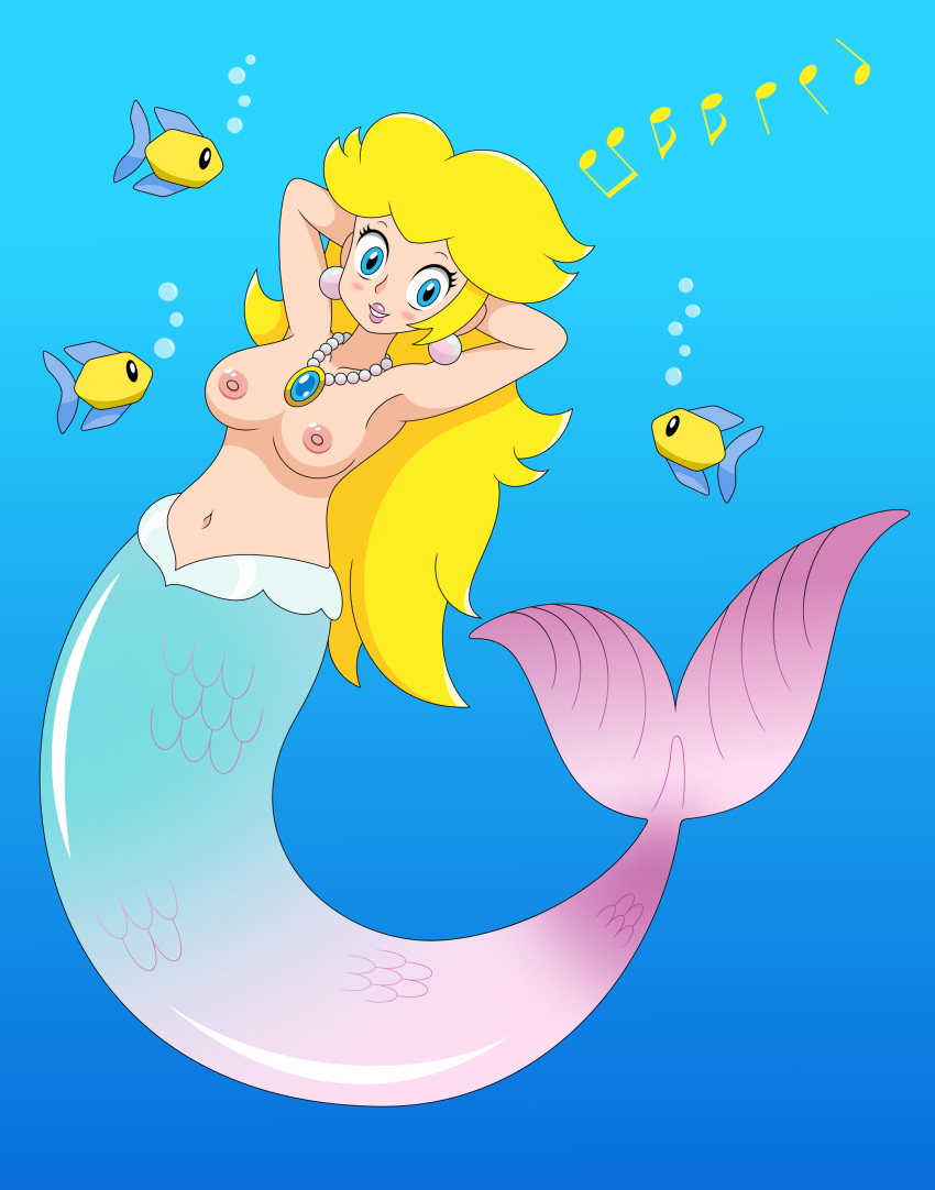 absurd_res blonde_hair blush breasts bubble clothing crop_top ear_piercing ear_ring female fish gem gradient_body hair hands_behind_back hands_behind_head hi_res humanoid jewelry joyvell lipstick makeup marine mario_bros merfolk monster_girl_(genre) musical_note navel necklace nintendo nipples pearl_(gem) pearl_necklace piercing princess_peach princess_peach_showtime! ring_piercing scales shirt smile solo split_form topwear underwater water