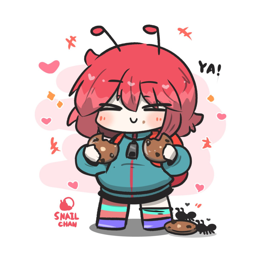 &gt;_&lt; +++ 1girl animal ant antennae backpack bag black_skirt blue_jacket blush bug chibi closed_eyes closed_mouth commentary_request cookie facing_viewer food full_body heart highres holding holding_food jacket long_sleeves multicolored_hair original pink_background pink_hair puffy_long_sleeves puffy_sleeves purple_footwear red_hair shadow shoes skirt smile solo standing striped_clothes striped_thighhighs thighhighs thighhighs_pull two-tone_background two-tone_hair uni_souchou white_background