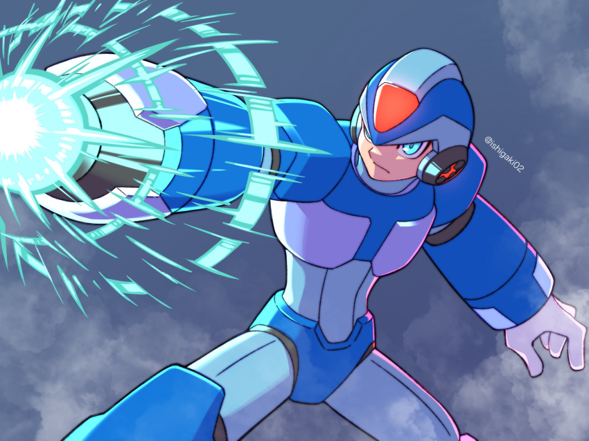 1boy arm_cannon armor blue_armor blue_eyes blue_helmet commentary cowboy_shot energy_cannon forehead_jewel grey_background highres ishigaki_(sora_roxas) mega_man_(series) mega_man_x_(series) powering_up shoulder_armor solo twitter_username weapon x_(mega_man)