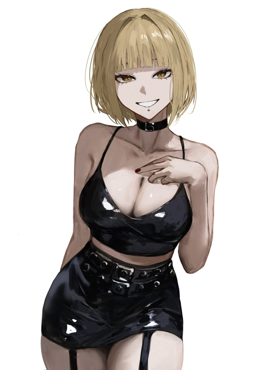 1girl arm_behind_back bare_arms bare_shoulders belt belt_collar black_belt black_camisole black_skirt blonde_hair blunt_bangs breasts camisole cleavage collar collarbone commission fingernails garter_straps grin hand_on_own_chest highres labret_piercing large_breasts looking_at_viewer midriff mole multiple_belts nail_polish original piercing raberu_ruru red_nails shiny_clothes shirt short_hair simple_background skeb_commission skirt sleeveless sleeveless_shirt smile solo white_background yellow_eyes