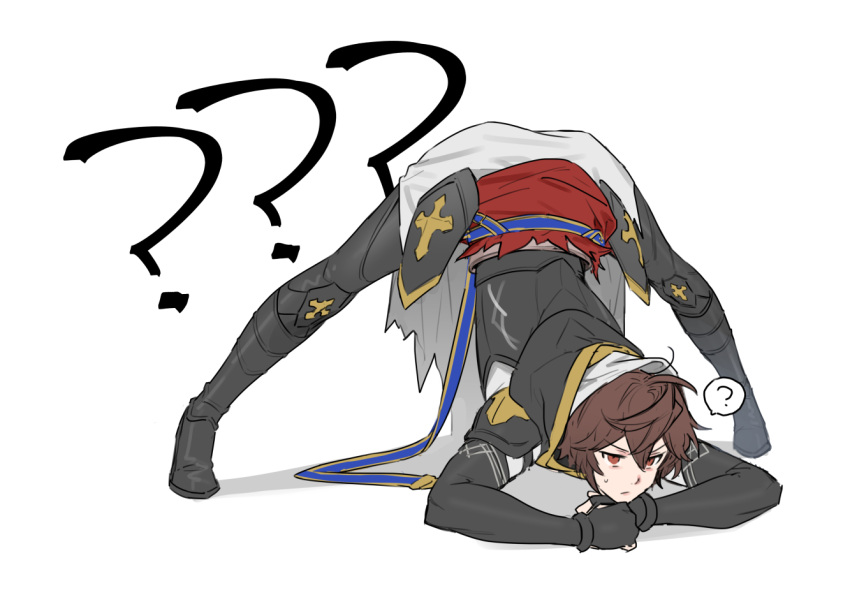 1boy ? ?? ahoge belt blue_belt boots cape commentary_request confused fingerless_gloves full_body gloves granblue_fantasy hair_between_eyes hip_armor hood hood_down jack-o'_challenge jitome male_focus red_eyes sandalphon_(granblue_fantasy) shadow short_hair solo speech_bubble sweatdrop tekki_(tki) top-down_bottom-up white_background white_cape