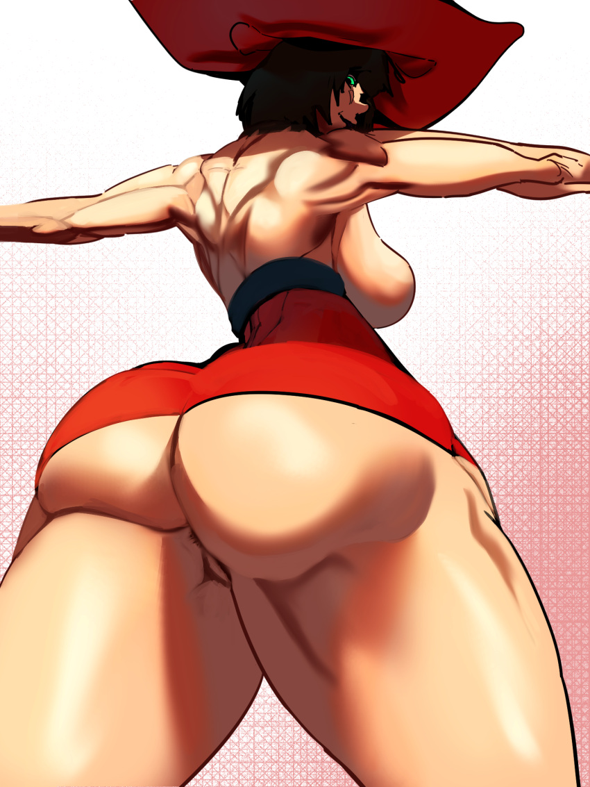 1girl anus anus_peek ass ass_focus back back_muscles back_turned backboob black_hair bob_cut breasts closed_mouth cowboy_shot curvy from_behind from_below green_eyes guilty_gear guilty_gear_xx hat high-waist_skirt highres huge_ass i-no large_breasts legs_apart looking_at_viewer looking_back looking_down microskirt narrow_waist naughty_face outstretched_arms partially_visible_vulva pivotkraner red_hat red_leather red_skirt shiny_skin short_hair shoulder_blades skirt smirk solo spread_arms standing striped_background thick_thighs thighs tight_clothes toned topless triceps underbutt wide_hips witch_hat