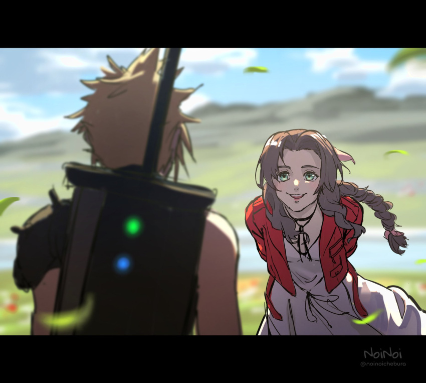 1boy 1girl aerith_gainsborough armor arms_behind_back artist_name black_border blonde_hair blurry blurry_foreground border braid braided_ponytail breasts brown_hair buster_sword choker cloud_strife cropped_jacket dress falling_petals final_fantasy final_fantasy_vii final_fantasy_vii_rebirth final_fantasy_vii_remake flower_choker green_eyes hair_ribbon highres jacket leaning_forward letterboxed looking_at_another materia medium_breasts nature noinoichebura outdoors parted_bangs parted_lips petals pink_dress pink_ribbon red_jacket ribbon short_hair shoulder_armor sidelocks single_bare_shoulder single_braid single_shoulder_pad smile spiked_hair twitter_username upper_body wavy_hair weapon weapon_on_back