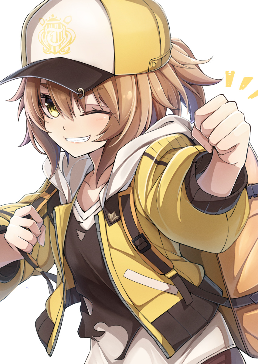 1girl backpack bag baseball_cap black_shirt brown_hair clenched_hand grin hat highres hood hood_down hooded_jacket horse_girl jacket long_sleeves notice_lines one_eye_closed open_clothes open_jacket pierced_hat ponytail ruisuke satake_mei shirt shirt_under_shirt short_hair short_ponytail simple_background smile solo torn_clothes torn_shirt umamusume upper_body white_background white_shirt yellow_eyes yellow_hat yellow_jacket