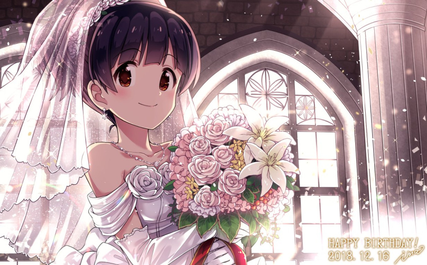 1girl artist_name black_hair blunt_bangs bouquet bridal_gauntlets bridal_veil brown_eyes church dated dress earrings flower happy_birthday high_side_ponytail holding holding_bouquet idolmaster idolmaster_million_live! idolmaster_million_live!_theater_days ima_(lm_ew) jewelry light_smile lily_(flower) looking_at_viewer nakatani_iku pink_flower pink_rose rose short_hair short_ponytail sidelocks solo sparkle sunlight upper_body veil wedding wedding_dress white_flower white_rose