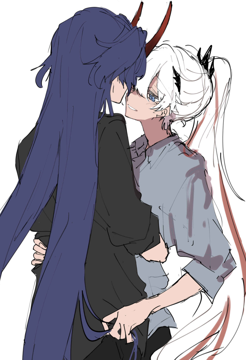 2girls absurdres black_shirt blue_hair collared_shirt commentary_request hand_in_another's_hair hand_on_another's_waist highres honkai_(series) honkai_impact_3rd horns hug kiana_kaslana long_hair looking_at_another moonsun77773 multicolored_hair multiple_girls parted_lips ponytail purple_hair raiden_mei red_hair shirt simple_background smile streaked_hair very_long_hair white_background white_hair yuri