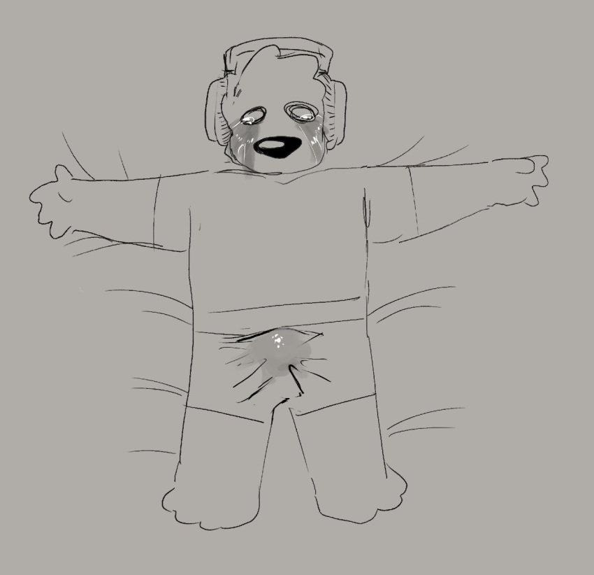 2024 4_fingers anthro barefoot bear biped bodily_fluids clothed clothing crying cum cum_in_clothing cum_through_clothing cum_through_pants electronics erection erection_under_clothing feet fingers genital_fluids headphones hi_res lying male mammal monochrome on_back p.bear paws peculiart solo sun_bear tears ursine wet wet_clothing