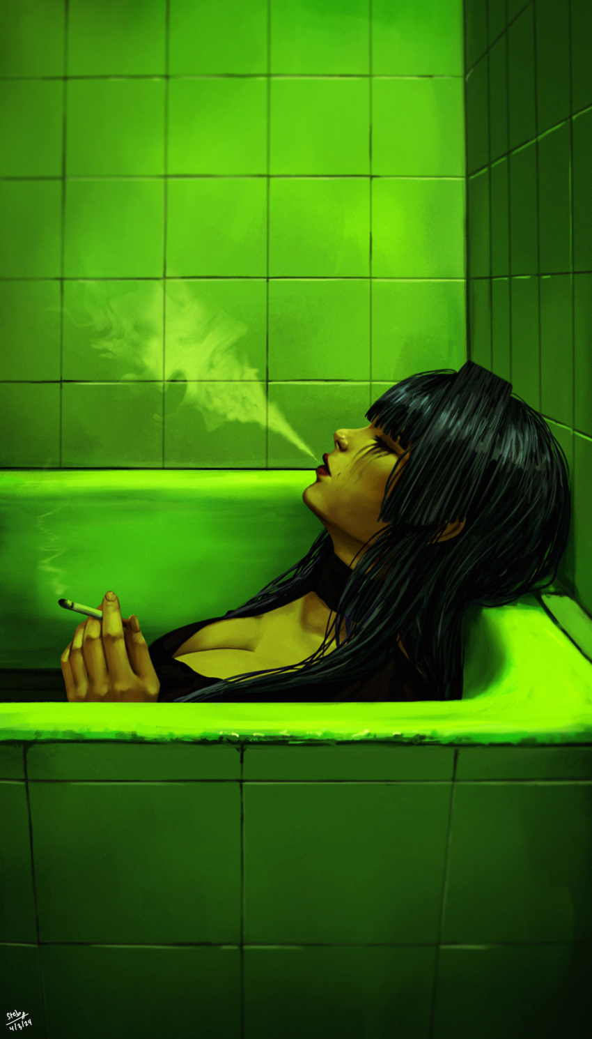 1girl alternate_costume bathroom bathtub black_hair black_shirt breasts cigarette cleavage closed_eyes expressionless from_side green_theme highres holding holding_cigarette holocouncil hololive hololive_english large_breasts long_hair makeup mascara ouro_kronii red_lips runny_makeup shirt smoke smoking steb tile_wall tiles upper_body virtual_youtuber