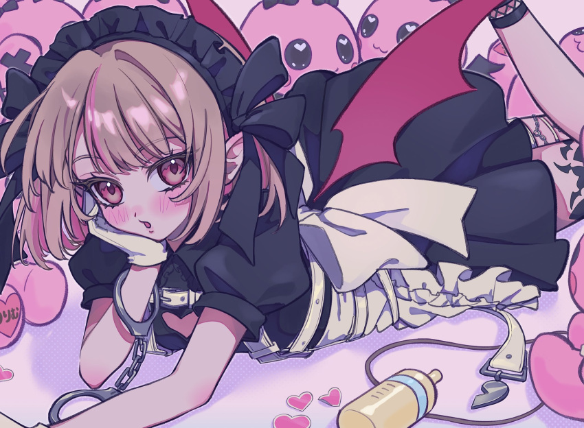 1girl baby_bottle black_dress blush bottle cuffs dress gloves grey_hair handcuffs heart heart_tattoo highres leg_tattoo looking_at_viewer maid_headdress makaino_ririmu makaino_ririmu_(5th_costume) multicolored_hair nijisanji open_mouth pink_eyes pink_hair pointy_ears pururu_ru6 short_hair solo stuffed_animal stuffed_rabbit stuffed_toy tattoo two-tone_hair virtual_youtuber white_gloves