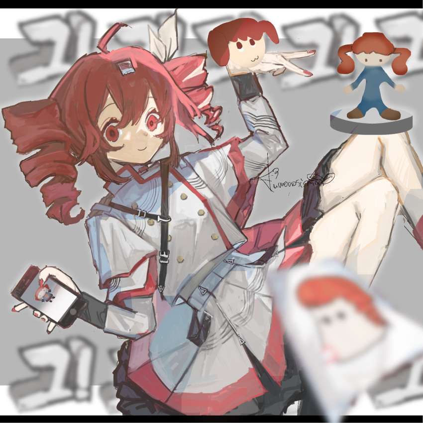 1girl ahoge buttons closed_mouth commentary_request double-breasted drill_hair grey_jacket grey_skirt hair_between_eyes highres hito_mania_(utau) holding holding_phone honto_no_(utau) igaku_(utau) invisible_chair jacket kamonoshima kasane_teto kasane_teto_(sv) long_sleeves mini_hen_(utau) phone pleated_skirt red_eyes red_hair red_nails red_trim sitting skirt smile solo synthesizer_v translated twin_drills utau