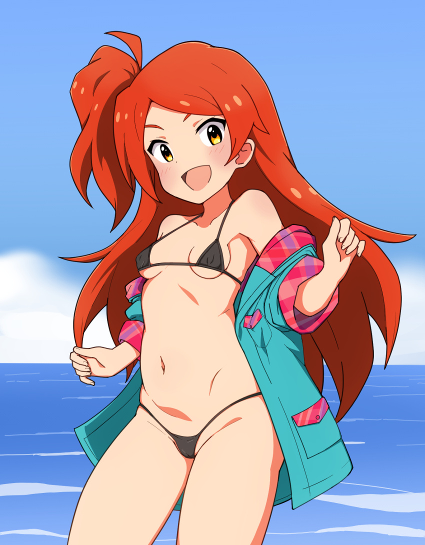 1girl :d ahoge armpits bare_shoulders bikini black_bikini blonde_hair blue_shirt blue_sky blush cloud cloudy_sky covered_nipples cowboy_shot groin high_side_ponytail highres idolmaster idolmaster_million_live! idolmaster_million_live!_theater_days long_hair looking_at_viewer micro_bikini navel nejime_(nejimeinu) ocean ogami_tamaki open_clothes open_shirt orange_hair plaid plaid_shirt shirt sidelocks sky smile solo swimsuit very_long_hair