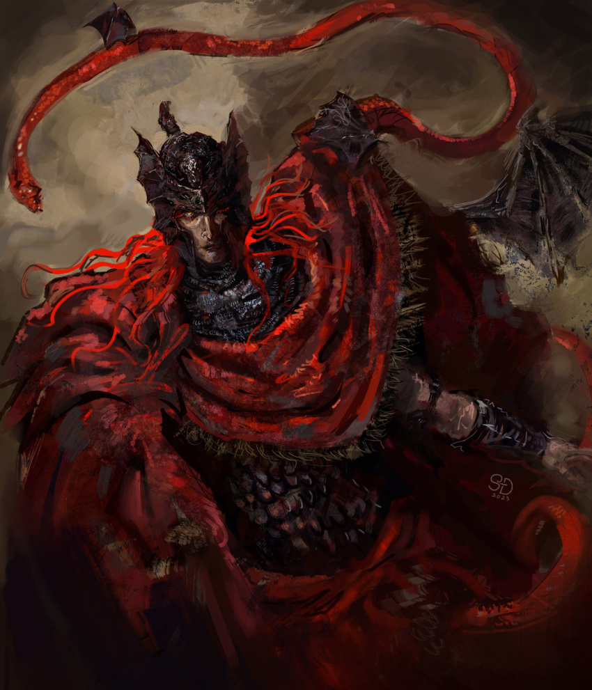 1boy absurdres armor azure_meraki black_snake chainmail colored_eyelashes elden_ring elden_ring:_shadow_of_the_erdtree helmet highres holding long_hair looking_at_viewer messmer_the_impaler one-eyed one_eye_closed ornate ornate_armor ornate_weapon red_hair red_robe red_snake robe single_vambrace snake snake_on_shoulder solo vambraces winged_helmet wings yellow_eyes