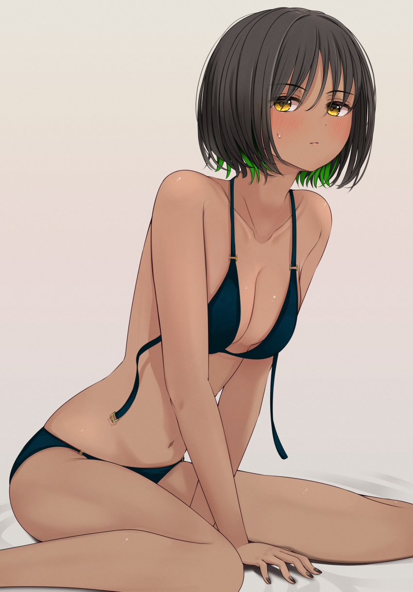 1girl absurdres arm_support bikini black_bikini black_hair black_nails breasts closed_mouth colored_inner_hair commentary_request dark_skin green_hair hatogayar highres leaning_forward looking_at_viewer medium_breasts multicolored_hair nail_polish original paid_reward_available short_hair simple_background sitting solo swimsuit untied_bikini_top wariza yellow_eyes