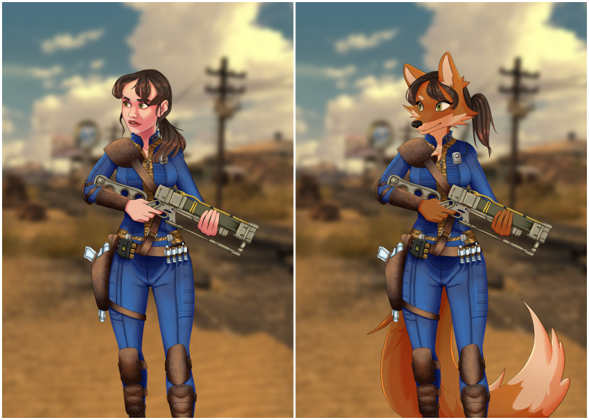 absurd_res aceshellshocked ammunition anthro armor bandolier belt bethesda_softworks dart desert fallout female gun handgun hi_res human knee_pads laser_rifle mammal pistol ranged_weapon solo vault_suit weapon