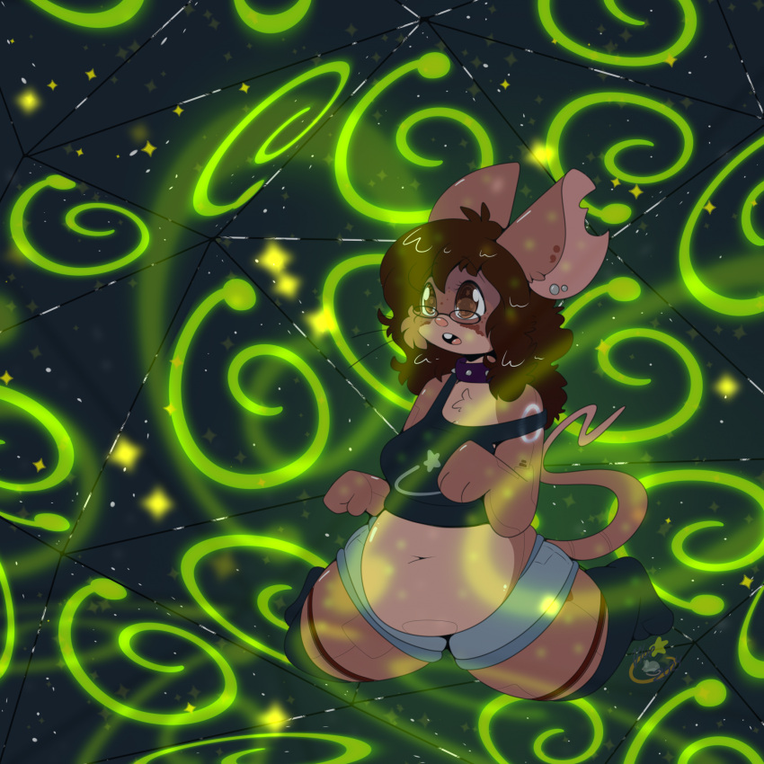 2024 abstract_background anthro breasts brown_eyes brown_hair clothing collar digital_media_(artwork) eyewear female glasses hair hi_res kneeling looking_up machine mammal maynara mouse mouse_(maynara) murid murine navel open_mouth robot rodent solo surprise vlue_(maynara) whiskers