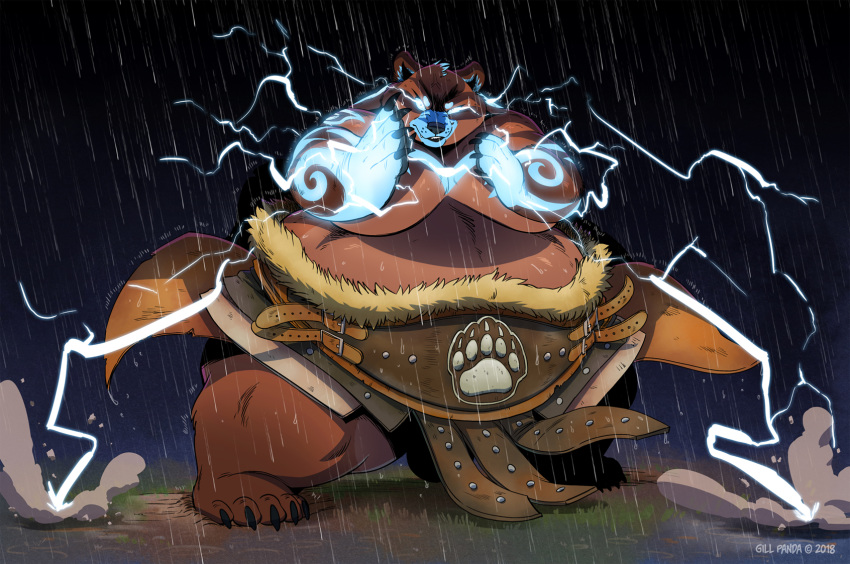 action_pose anger_vein angry anthro armor barefoot bear belly belt big_belly bjorn_(sturattyfur) brown_fur claws clothed clothing detailed_background electricity fur gillpanda grass male mammal markings moobs open_mouth outside overweight overweight_male pose raining solo standing thick_thighs toe_claws topless