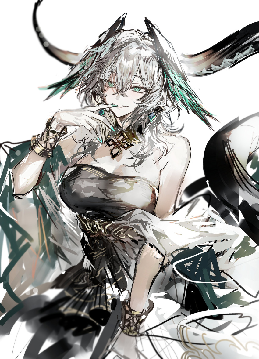1girl absurdres ambience_synesthesia arknights bare_shoulders biting_own_finger black_dress black_feathers bracelet dress feathers fingerless_gloves gloves green_eyes green_feathers green_nails grey_hair head_wings highres ho'olheyak_(arknights) ho'olheyak_(carriage_of_the_winds_of_time)_(arknights) jewelry looking_at_viewer medium_hair official_alternate_costume remsrar simple_background smile snake_tail tail white_background white_gloves wings