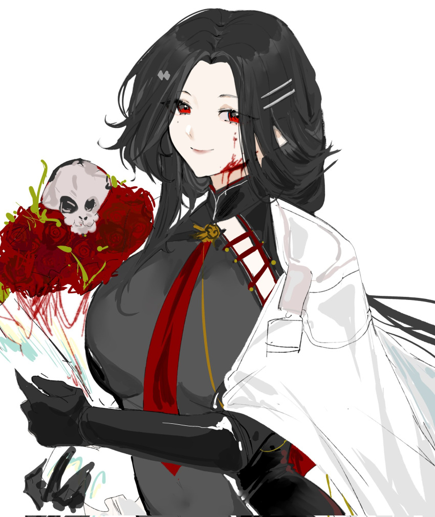 1girl bisaytin black_gloves black_hair blood blood_on_face bouquet cloak corrupted_twitter_file flower girls'_frontline gloves highres holding holding_bouquet long_hair looking_at_viewer multiple_hairpins qbu-191_(girls'_frontline) red_eyes red_flower red_rose rose simple_background smile solo upper_body white_background white_cloak