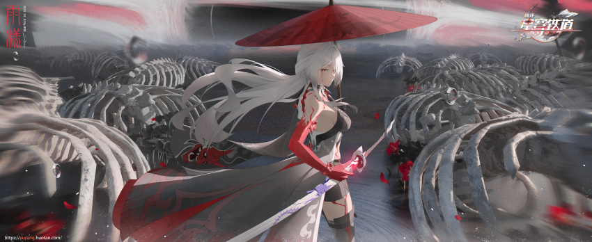 1girl absurdres acheron_(honkai:_star_rail) ame999 bare_shoulders black_shorts breasts commentary_request hair_over_one_eye highres holding holding_sword holding_umbrella holding_weapon honkai:_star_rail honkai_(series) large_breasts official_alternate_color official_alternate_eye_color official_alternate_hair_color pale_skin red_eyes red_hands red_umbrella scabbard sheath shorts skeleton solo sword thighhighs umbrella weapon white_hair
