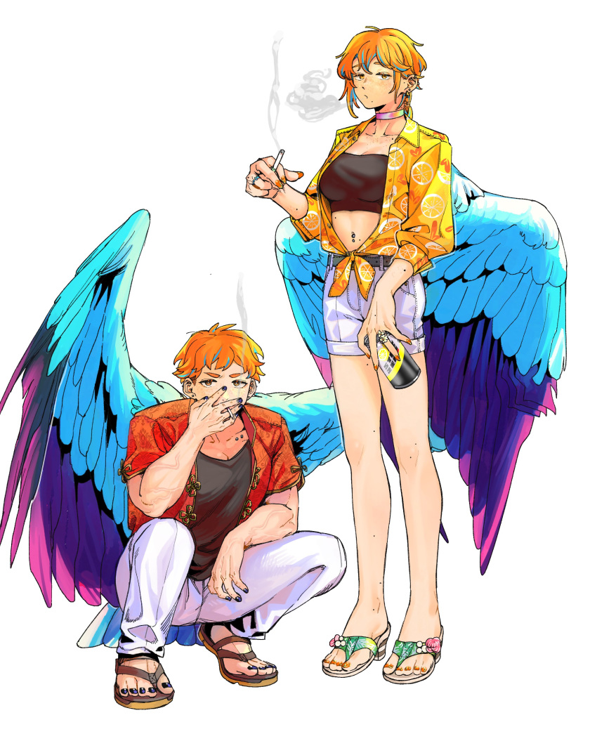 1boy 1girl absurdres bird_boy bird_girl bird_tail bird_wings black_shirt blue_hair blue_nails blue_wings body_freckles braid can chinese_clothes choker cigarette collared_shirt drink_can ear_piercing earrings feathered_wings freckles full_body hand_up highres holding holding_can holding_cigarette jewelry long_hair long_sleeves looking_at_viewer mole mole_under_mouth multicolored_hair multiple_rings navel_piercing open_clothes open_shirt orange_hair orange_nails original pants piercing pink_choker puffy_long_sleeves puffy_sleeves ring rramarukun sandals shirt short_hair shorts simple_background single_braid smoke_trail smoking squatting standing strapless streaked_hair tail tube_top undercut very_short_hair white_background white_pants white_shorts wings yellow_eyes yellow_shirt