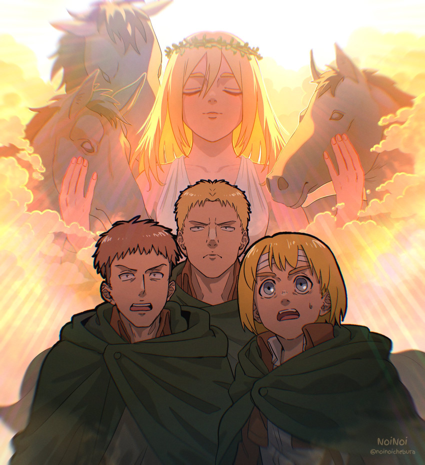 1girl 3boys armin_arlert artist_name bare_shoulders blonde_hair blue_eyes brown_hair brown_jacket cloak closed_eyes closed_mouth cloud cropped_jacket dress green_cloak hair_between_eyes head_wreath highres horse jacket jean_kirstein krista_lenz long_hair multiple_boys noinoichebura open_mouth petting reiner_braun shingeki_no_kyojin shirt short_hair sunlight sweatdrop twitter_username upper_body white_dress white_shirt wide-eyed