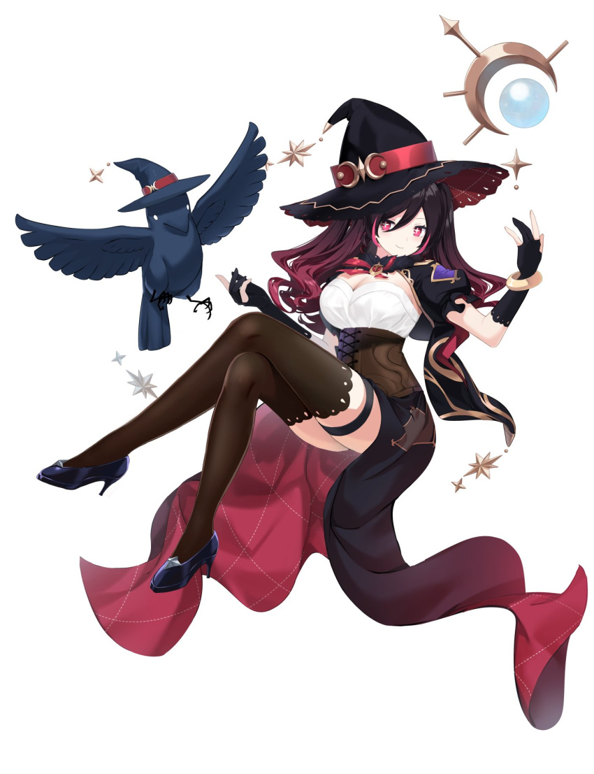 +_+ 1girl bird black_footwear black_gloves black_hair black_thighhighs bracelet breasts brown_corset cleavage closed_mouth corset crescent crow dot_nose floating gloves hat high_heels highres jewelry large_breasts long_skirt nyori official_art orb partially_fingerless_gloves pink_hair puffy_short_sleeves puffy_sleeves red_ribbon ribbon short_sleeves skirt smile solo thigh_strap thighhighs transparent_background v4mirai witch_hat yumi_the_witch