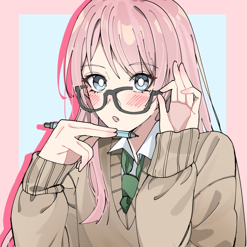 1girl :o adjusting_eyewear bang_dream! bang_dream!_it's_mygo!!!!! black-framed_eyewear blush border chihaya_anon collared_shirt commentary drop_shadow fang glasses green_necktie grey_eyes highres long_hair looking_at_viewer nanami_(nunnun_0410) necktie outside_border pink_border pink_hair school_uniform shirt solo upper_body white_background white_shirt