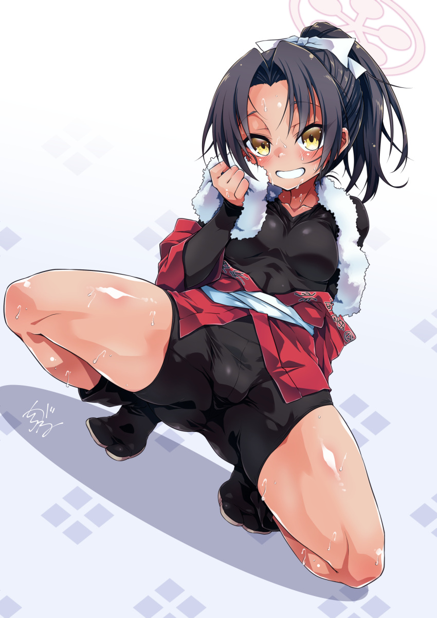 1girl black_bodysuit black_hair blue_archive bodysuit breasts collarbone full_body gradient_background grey_background halo highres looking_at_viewer medium_breasts pink_halo ponytail rickshaw_student_(blue_archive) shirogane_(cufsser) short_hair signature smile solo squatting sweat thighs towel towel_around_neck white_towel yellow_eyes