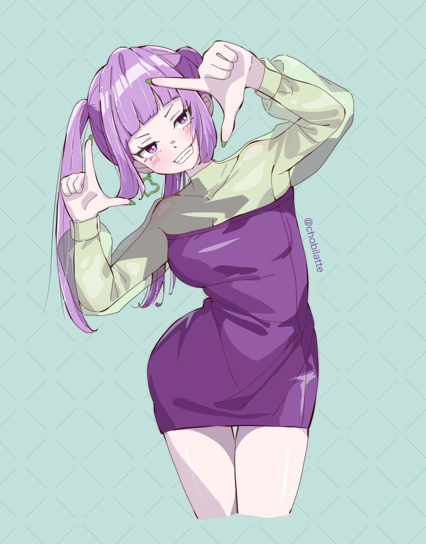 1girl artist_name blunt_bangs blush breasts character_request chobilatte copyright_notice copyright_request cowboy_shot cropped_legs dress earrings green_background green_nails grin head_tilt heart heart_earrings highres jewelry long_hair long_sleeves looking_at_viewer nail_polish purple_dress purple_eyes purple_hair see-through see-through_sleeves short_dress sidelocks single_earring small_breasts smile solo strapless strapless_dress thigh_gap thighs twintails