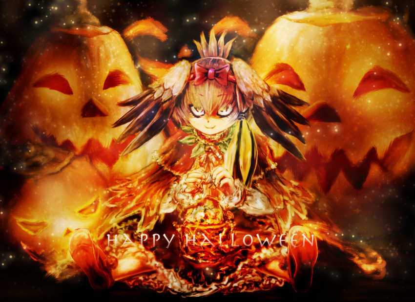 alternate_costume bangs basket bird_wings bow c: candy cape closed_mouth commentary_request eyebrows_visible_through_hair food full_body fur_coat green_hair grey_hair hair_between_eyes hair_bow hairband halloween halloween_costume hands_up happy_halloween head_wings highres holding holding_food jack-o'-lantern kemono_friends long_hair long_sleeves looking_at_viewer low_ponytail multicolored_hair orange_hair pumpkin shirt shoebill_(kemono_friends) shoes side_ponytail sitting skirt smile soles solo stealstitaniums wings