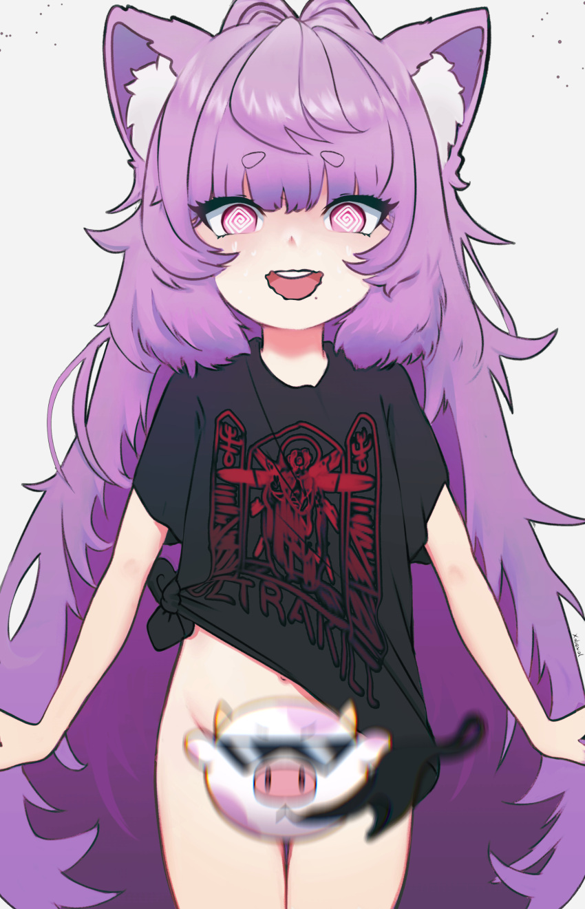 1girl @_@ absurdres animal_ear_fluff animal_ears black_panties black_shirt cat_ears censored character_censor commentary cowboy_shot flat_chest highres long_hair mole mole_under_mouth muu_muyu navel novelty_censor open_mouth panties phase_connect print_shirt purple_hair shirt short_eyebrows simple_background solo teeth thick_eyebrows tied_shirt ultrakill underwear unworn_panties upper_teeth_only very_long_hair virtual_youtuber white_background xobevol