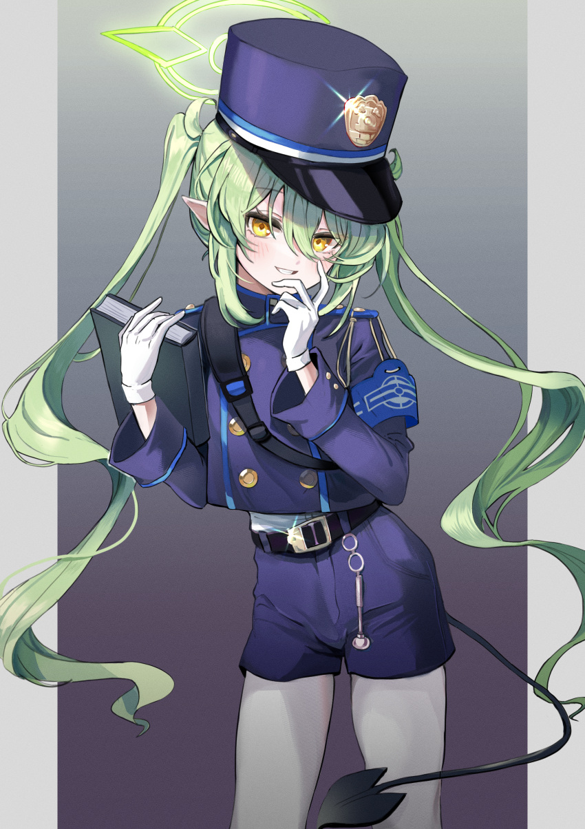 1girl absurdres belt black_belt black_hat black_jacket black_shorts black_tail blue_archive blush buttons cowboy_shot demon_tail double-breasted g1_(user_tjwy5444) gloves green_hair green_halo grin hair_between_eyes halo hat highlander_twintails_conductor_(blue_archive) highres jacket long_hair long_sleeves looking_at_viewer pantyhose peaked_cap pointy_ears shorts smile solo tail twintails white_gloves white_pantyhose yellow_eyes