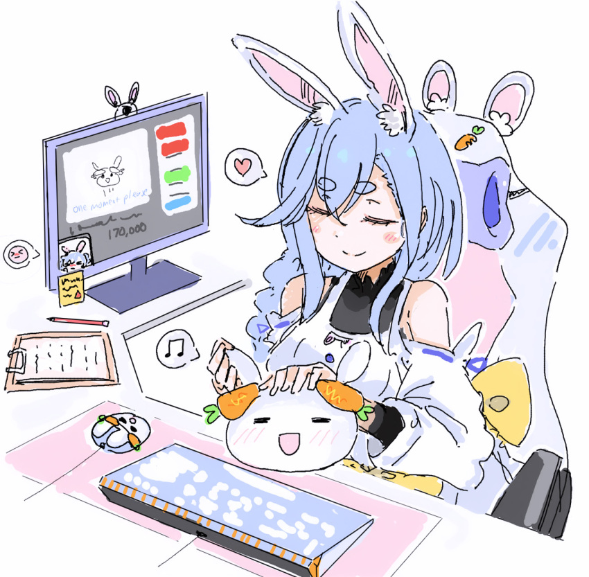 1girl 1other animal_ears apron black_bodysuit blue_hair bodysuit braid braided_ponytail closed_eyes closed_mouth detached_sleeves heart hololive keyboard_(computer) long_hair looking_at_viewer mangotaingo mature_female monitor on_chair open_mouth pekomama pekomon_(usada_pekora) rabbit_ears rabbit_girl short_eyebrows sitting smile spoken_heart virtual_youtuber white_apron white_sleeves