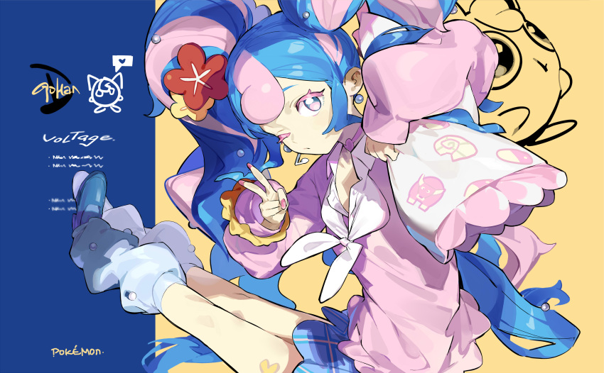 1girl absurdres blue_background blue_eyes blue_footwear blue_hair copyright_name earrings fairy_miku_(project_voltage) full_body gohanduck hatsune_miku heart highres holding holding_pillow jewelry jigglypuff leg_warmers long_hair long_sleeves looking_at_viewer microphone multicolored_hair neckerchief one_eye_closed pillow pink_eyes pink_hair pink_shirt pokemon pokemon_(creature) project_voltage puckered_lips shirt shoes signature solo twintails two-tone_hair vocaloid white_neckerchief yellow_background