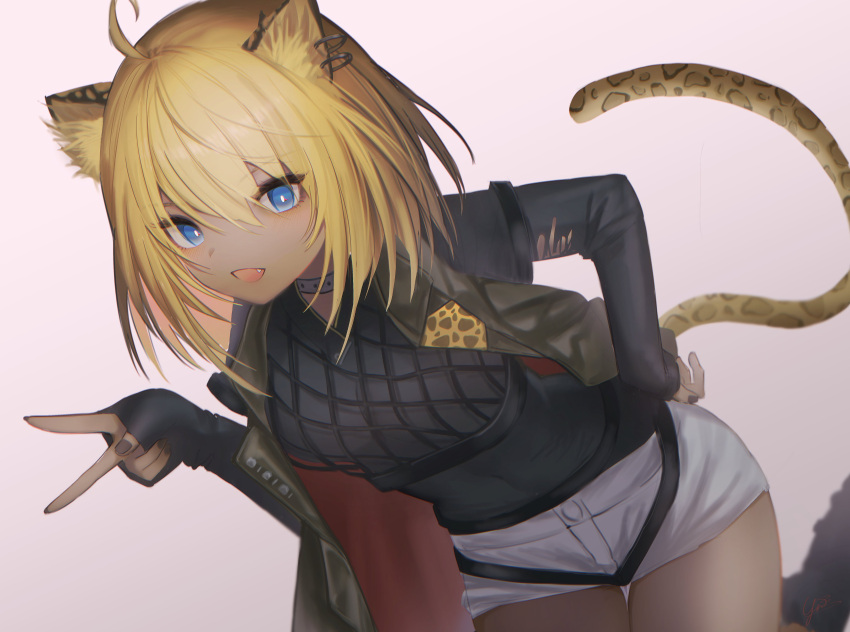 1girl :d absurdres ahoge animal_ear_fluff animal_ears arknights black_jacket black_nails black_shirt blonde_hair breasts commentary_request covered_navel ear_piercing fang hair_between_eyes hand_up highres jacket leopard_ears leopard_girl leopard_tail looking_at_viewer morgan_(arknights) nail_polish open_clothes open_jacket piercing pink_background shirt short_shorts shorts simple_background sleeves_past_wrists small_breasts smile solo tail thigh_gap torn_clothes torn_jacket v white_shorts yunnasu