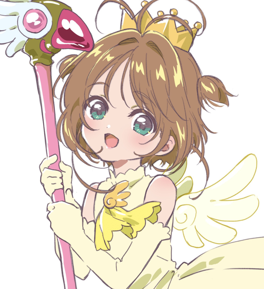 1girl antenna_hair brown_hair cardcaptor_sakura crown dress elbow_gloves gloves green_eyes highres holding holding_wand kinomoto_sakura looking_at_viewer magical_girl open_mouth short_hair simple_background smile solo two_side_up upper_body wand white_background wings yano_akane