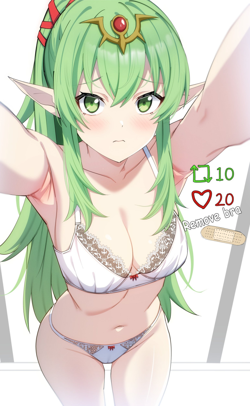 1girl absurdres blush bra breasts cleavage embarrassed entogman fire_emblem fire_emblem_awakening frown green_eyes green_hair hair_ornament highres lace-trimmed_bra lace_trim large_breasts lingerie long_hair looking_at_viewer meme panties pointy_ears ponytail solo tiki_(adult)_(fire_emblem) tiki_(fire_emblem) twitter_strip_game_(meme) underwear underwear_only white_bra