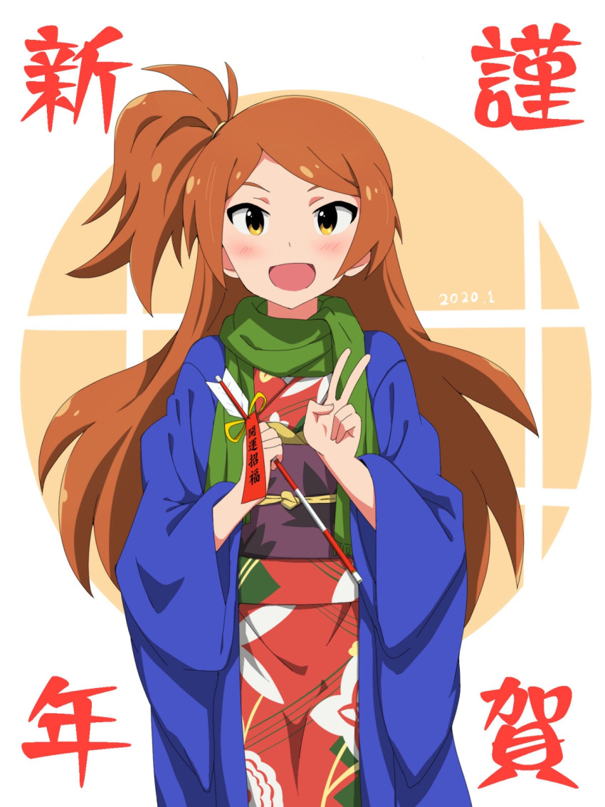 1girl :d arrow_(projectile) blush dated dot_nose flat_chest green_scarf hamaya haori happy_new_year high_side_ponytail highres holding holding_arrow idolmaster idolmaster_million_live! idolmaster_million_live!_theater_days japanese_clothes kimono long_hair looking_at_viewer nejime_(nejimeinu) obi obiage obijime ogami_tamaki open_mouth orange_hair sash scarf sidelocks simple_background smile solo v