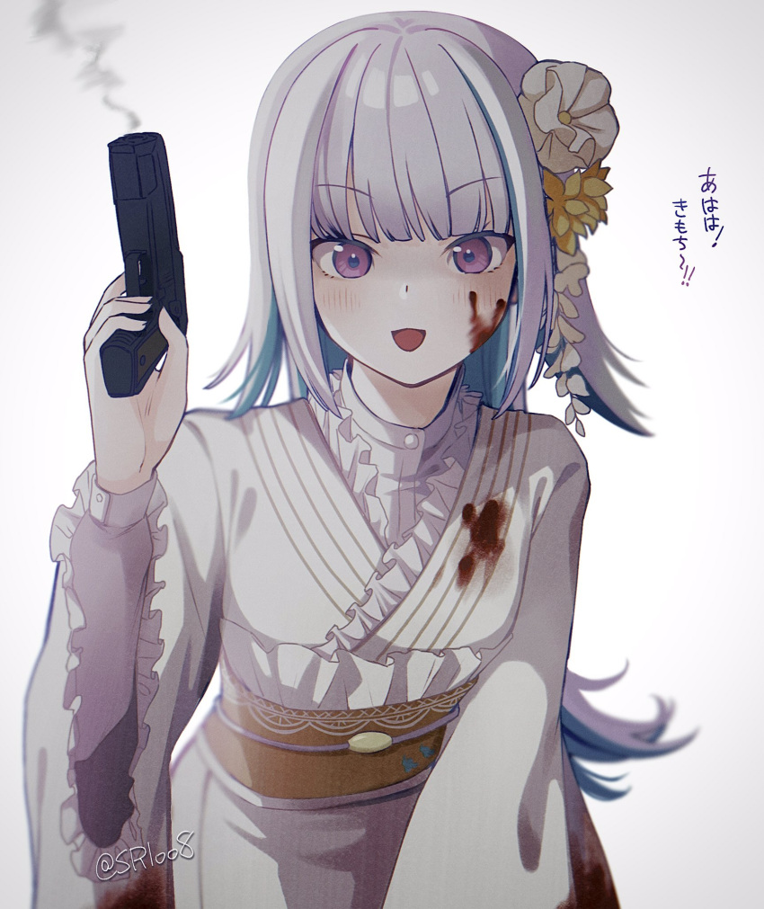 1girl :d blood blood_on_clothes blood_on_face blood_splatter blue_hair blunt_bangs blush buttons colored_inner_hair commentary_request cowboy_shot flower grey_background grey_hair gun hair_flower hair_ornament hand_up handgun highres holding holding_gun holding_weapon japanese_clothes kanzashi kimono leaning_forward lize_helesta lize_helesta_(6th_costume) long_hair looking_at_viewer multicolored_hair nijisanji obi obijime open_mouth purple_eyes sash sen_izm shirt shirt_under_kimono smile smoke smoking_gun solo streaked_hair translation_request twitter_username two-tone_hair virtual_youtuber weapon white_kimono white_shirt