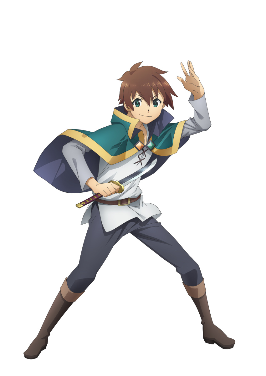 1boy absurdres arm_up belt black_pants boots brown_belt brown_footwear brown_hair cape closed_mouth green_cape green_eyes hair_between_eyes highres holding holding_knife knife kono_subarashii_sekai_ni_shukufuku_wo! legs_apart long_sleeves looking_at_viewer male_focus official_art pants satou_kazuma shirt short_hair simple_background smile solo standing tachi-e transparent_background v-shaped_eyebrows white_shirt