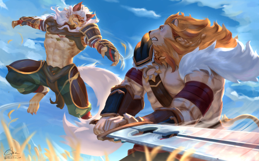 2boys abs afk_journey animal_ears bara barefoot blue_sky braid brutus_(afk_arena) claw_(weapon) claws clenched_teeth cloud cloudy_sky english_commentary facial_hair fangs fighting furry furry_male goatee hinnab_art holding holding_sword holding_weapon lion_boy lion_ears lion_mane lion_tail male_focus multiple_boys muscular muscular_male pectorals shakir_(afk_journey) signature sky smile sword tail teeth twitter_username weapon wolf_boy wolf_ears wolf_tail