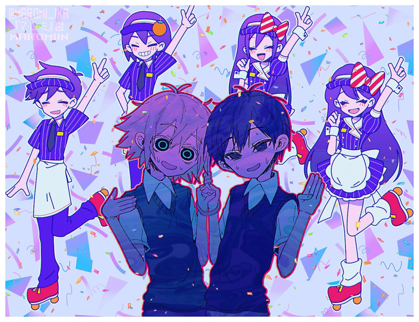 2girls 4boys arm_up aubrey_(headspace)_(omori) aubrey_(omori) basil_(faraway)_(omori) basil_(omori) black_hair black_necktie blonde_hair bow closed_eyes hair_bow hero_(headspace)_(omori) hero_(omori) index_finger_raised kel_(headspace)_(omori) kel_(omori) mari_(headspace)_(omori) mari_(omori) maromichan multiple_boys multiple_girls necktie omori pants puffy_short_sleeves puffy_sleeves purple_hair purple_pants roller_skates short_sleeves skates smile sunny_(omori)