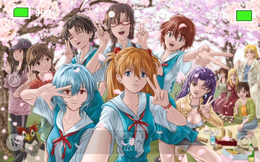 6+girls akagi_ritsuko alcohol alternate_universe arm_up ayanami_rei barefoot battery_indicator beer beer_can bento bird black_hair black_skirt blonde_hair blue_eyes blue_hair blue_shirt blue_skirt bottle breasts brown_eyes brown_hair can cherry_blossoms chopsticks cleavage closed_eyes closed_mouth coat collarbone collared_shirt commentary cross cross-laced_footwear cross-laced_sandals crossed_arms dark-skinned_female dark_skin denim double-parted_bangs double_v dress drink_can drunk earrings embarrassed fake_phone_screenshot fake_screenshot falling_petals food freckles glasses grass green_eyes green_footwear green_jacket green_shirt hair_between_eyes hair_bobbles hair_ornament hairband hanami hand_in_pocket hand_out_of_frame hand_up hands_up happy hat highres holding holding_can horaki_hikari ibuki_maya ikari_yui in-franchise_crossover interface_headset jacket jeans jewelry katsuragi_misato kazumiminagawa kirishima_mana kitakami_midori light_smile long_dress long_hair long_skirt long_sleeves looking_at_another looking_at_viewer lunchbox makinami_mari_illustrious medium_breasts midriff_peek mole mole_under_eye mother_and_daughter multiple_girls nagara_sumire neck_ribbon necklace neon_genesis_evangelion neon_genesis_evangelion:_iron_maiden on_one_knee one_eye_closed open_mouth orange_hair panties pants pantyshot parted_bangs pearl_necklace penguin penpen petals picnic picnic_blanket pink_shirt plate purple_hair rebuild_of_evangelion red-framed_eyewear red_eyes red_hair red_ribbon red_shirt red_skirt ribbon sandals school_uniform selfie shirt shoes short_hair short_sleeves sitting skirt smile souryuu_asuka_langley souryuu_kyouko_zeppelin spring_(season) standing suspender_skirt suspenders suzuhara_sakura sweatdrop taking_picture teeth tokyo-3_middle_school_uniform tree trench_coat twintails two_side_up underwear upper_teeth_only v v_over_eye very_short_hair watch water_bottle white_coat white_panties white_shirt wristwatch yellow_jacket yellow_shirt