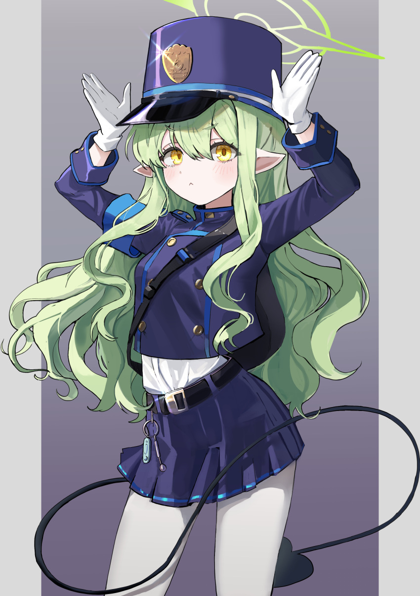 1girl :&lt; absurdres arms_up belt black_belt blue_archive blue_hat blue_jacket blue_skirt blush buttons cowboy_shot cropped_jacket demon_tail double-breasted g1_(user_tjwy5444) gloves gradient_background green_hair green_halo hair_between_eyes halo hat highres hikari_(blue_archive) jacket long_hair long_sleeves pantyhose peaked_cap pillarboxed pleated_skirt pointy_ears shirt shirt_tucked_in short_eyebrows sidelocks skirt solo tail wavy_hair white_gloves white_pantyhose white_shirt yellow_eyes