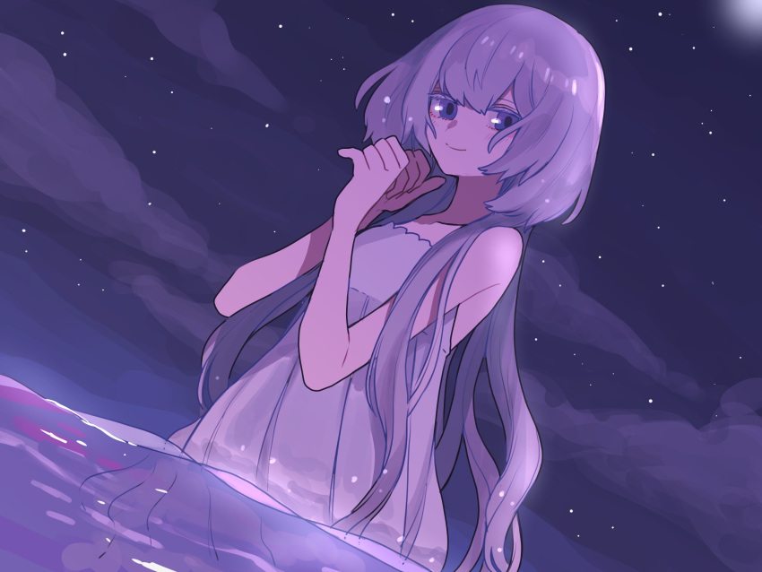 1girl colored_eyelashes dress grey_hair highres long_hair looking_to_the_side maco22 night night_sky original partially_submerged purple_eyes sky smile solo star_(sky) starry_sky very_long_hair water